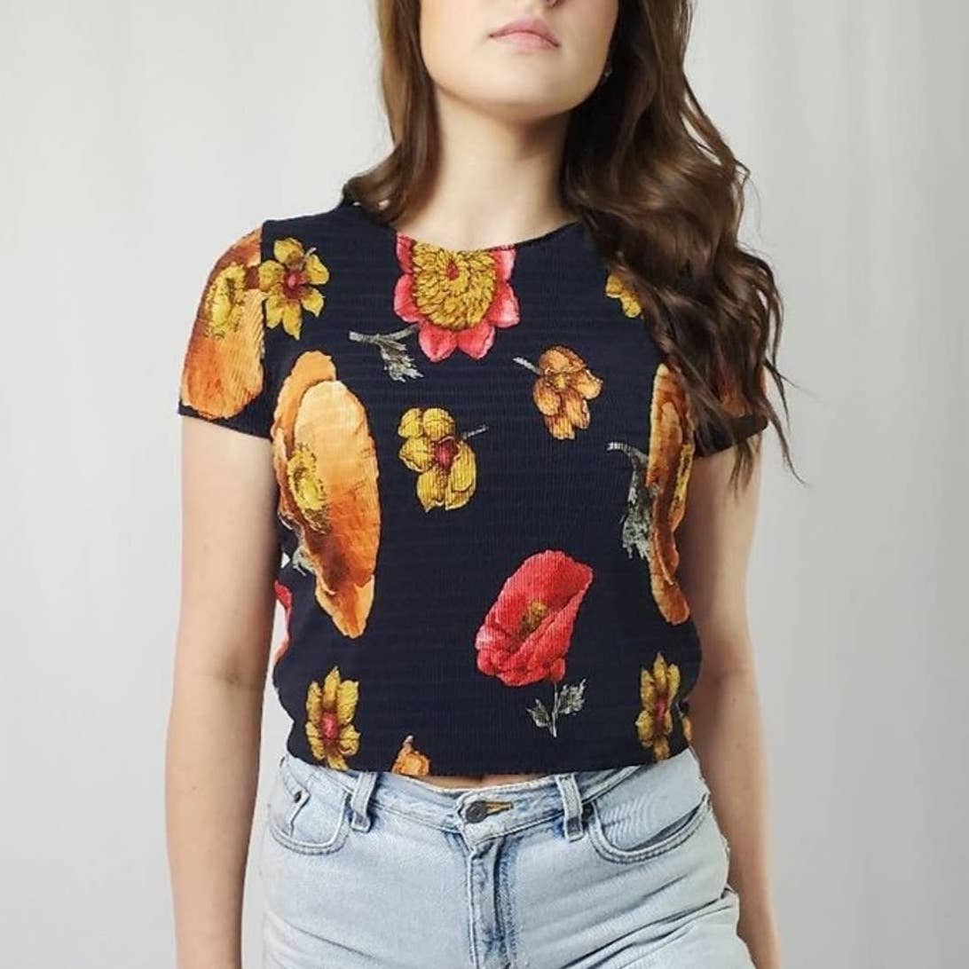 Vintage 90's Smocked Ribbed Floral Crop Top - L
