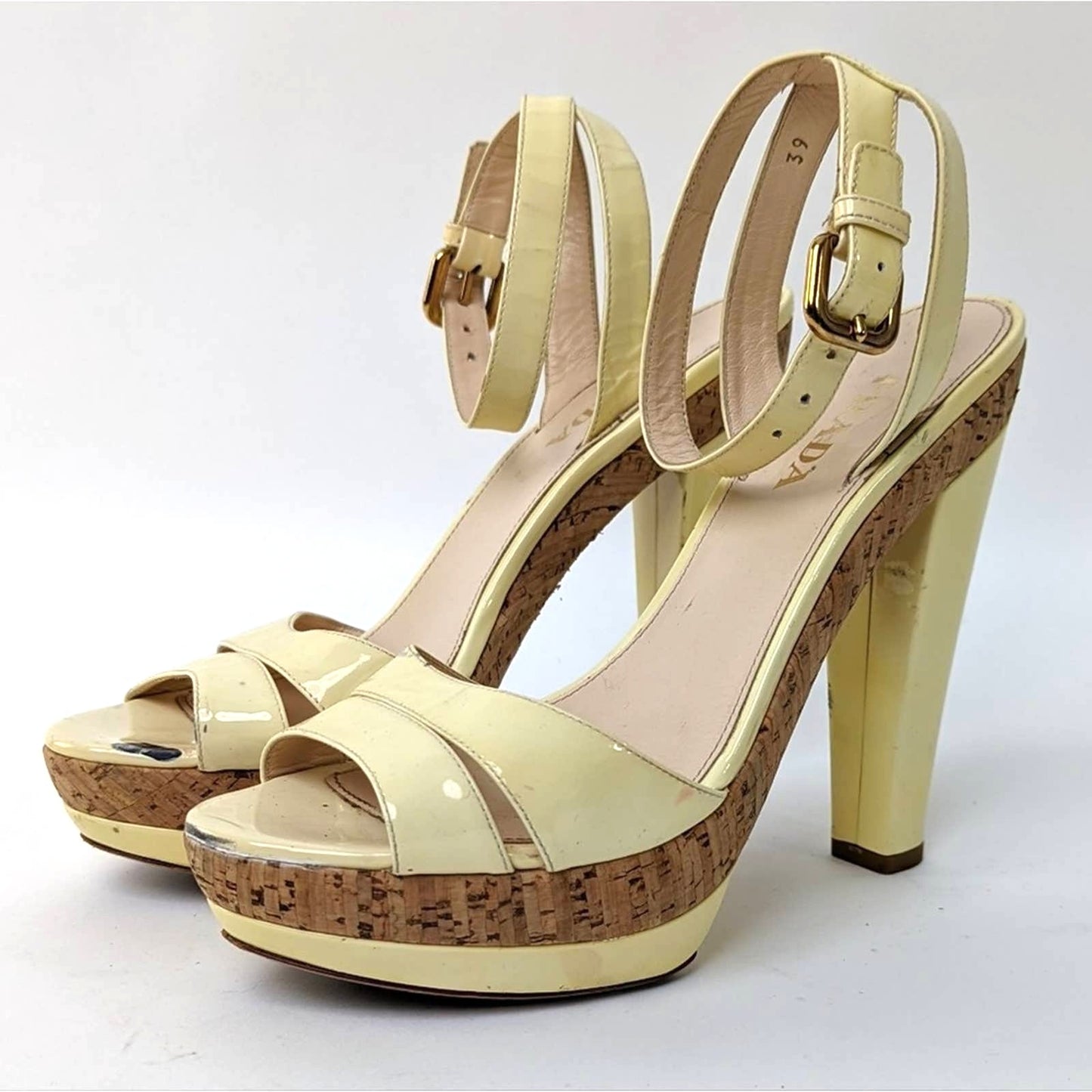 PRADA Canary Yellow Cork Platform Heels - 8