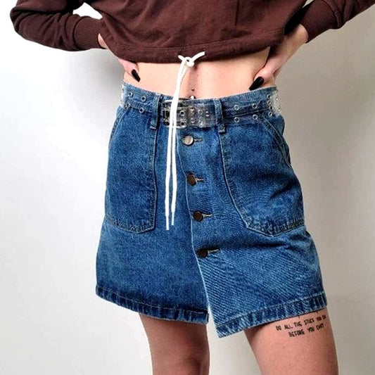 Button Front Deep Patch Pocket Denim Jean Mini Skirt - S