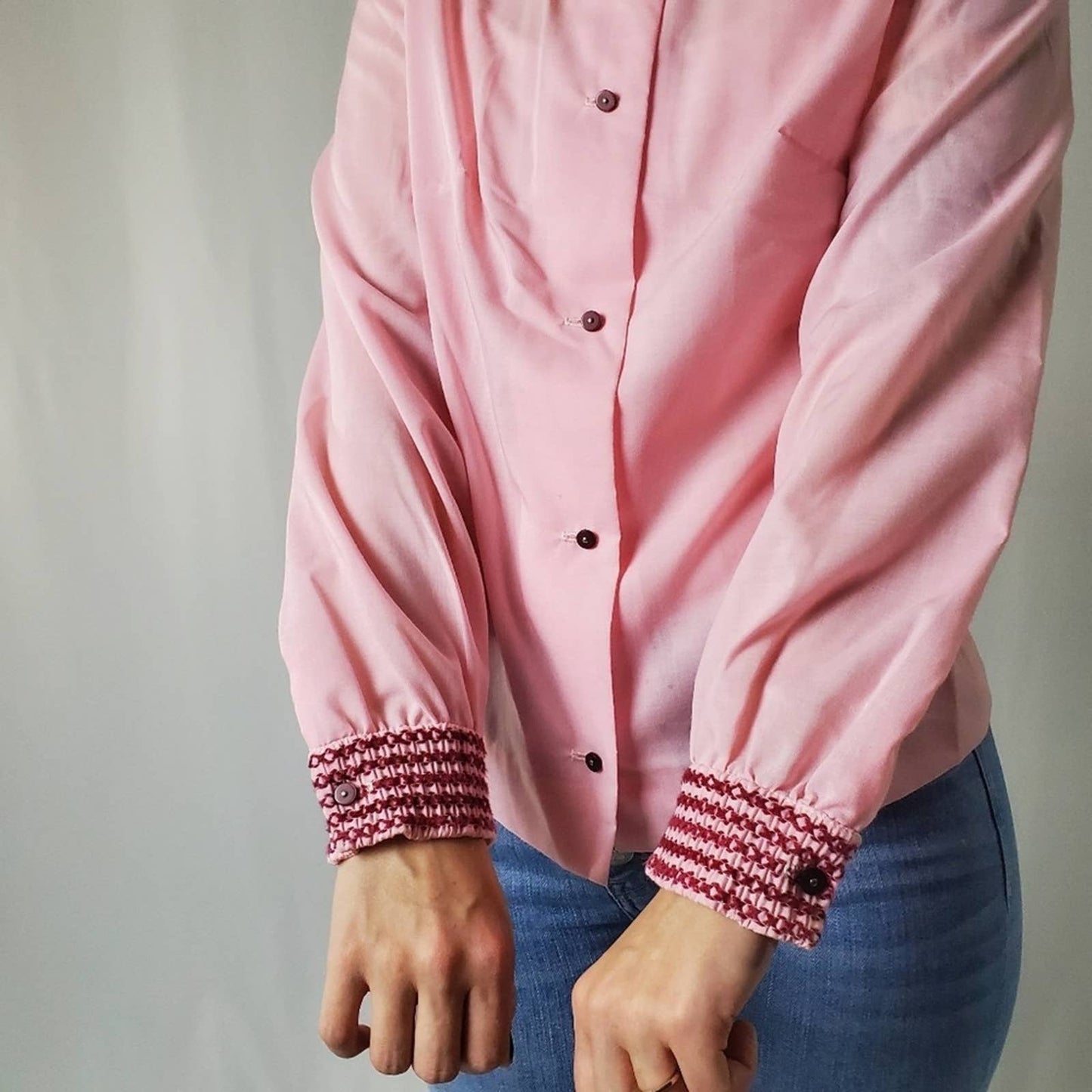 Vintage 70s Fritzi Of Cali Pink Embroidered Blouse - S