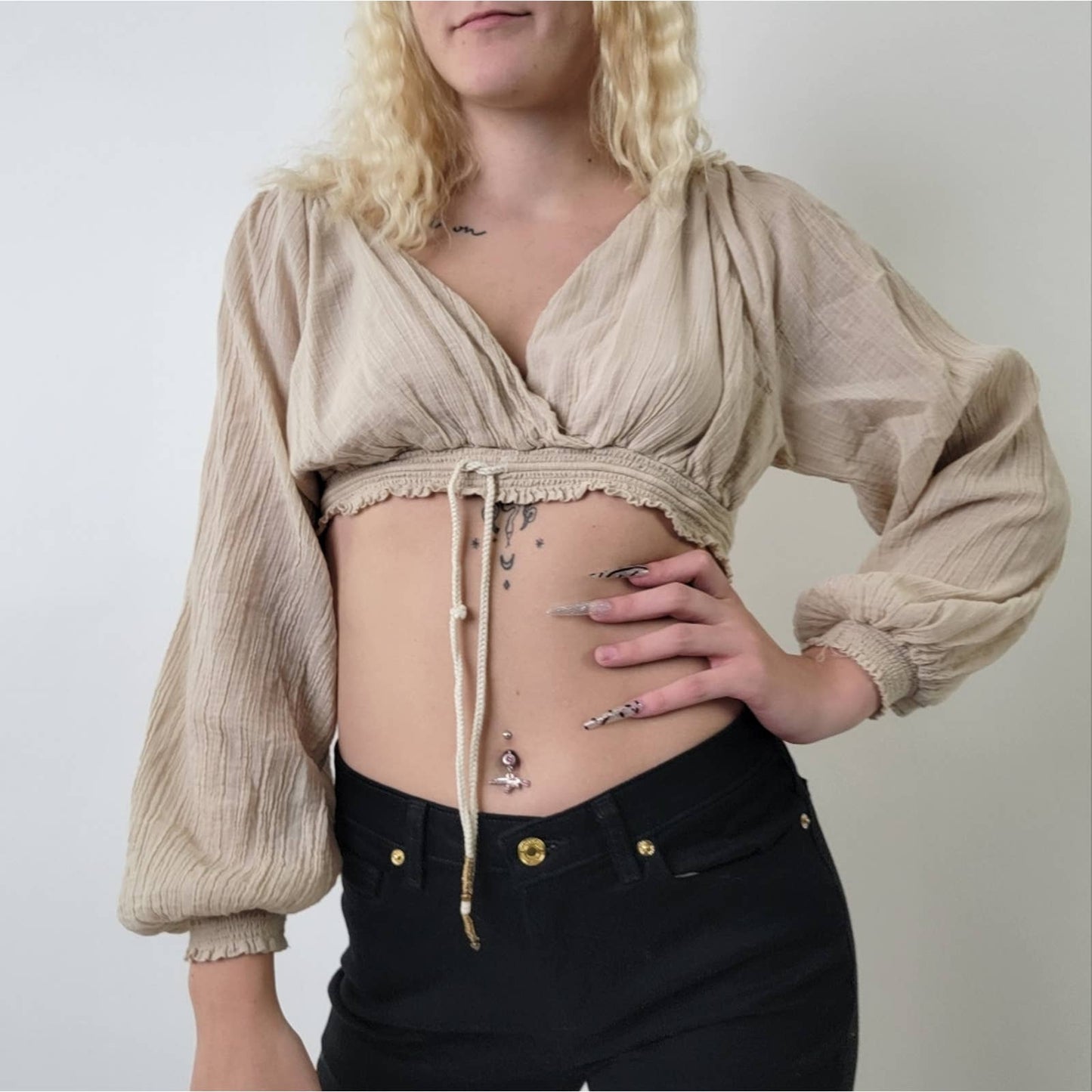 Free People Long Sleeve Flowy Crop Top Bell Sleeve Blouse - S