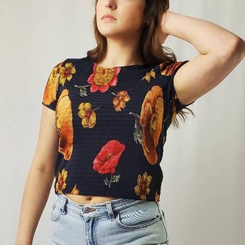 Vintage 90's Smocked Ribbed Floral Crop Top - L