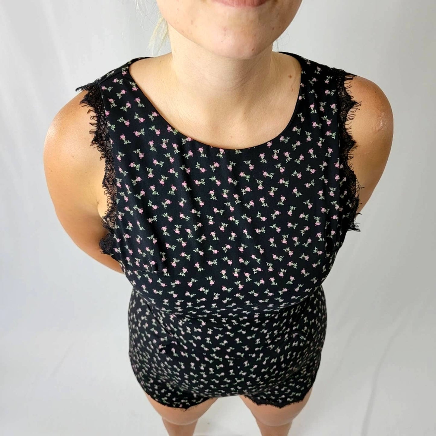 Sweet Rain Black Floral Eyelash Romper - S