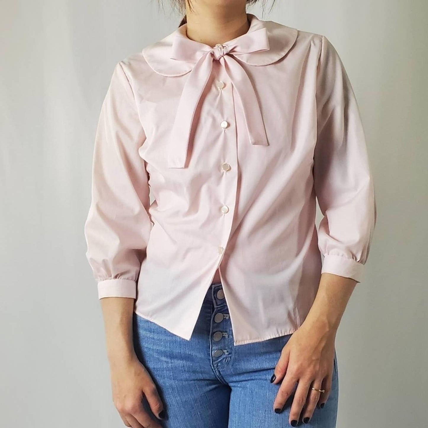 RARE 60s Peter Pan Cropped Sleeve Button Up Blouse - S