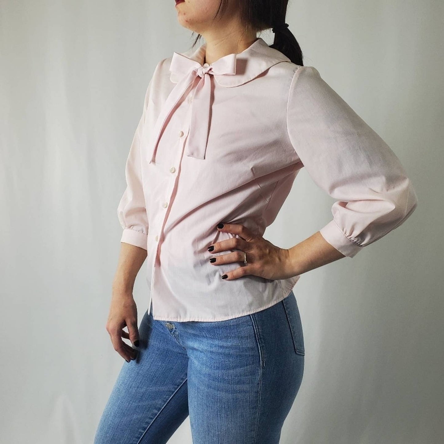 RARE 60s Peter Pan Cropped Sleeve Button Up Blouse - S