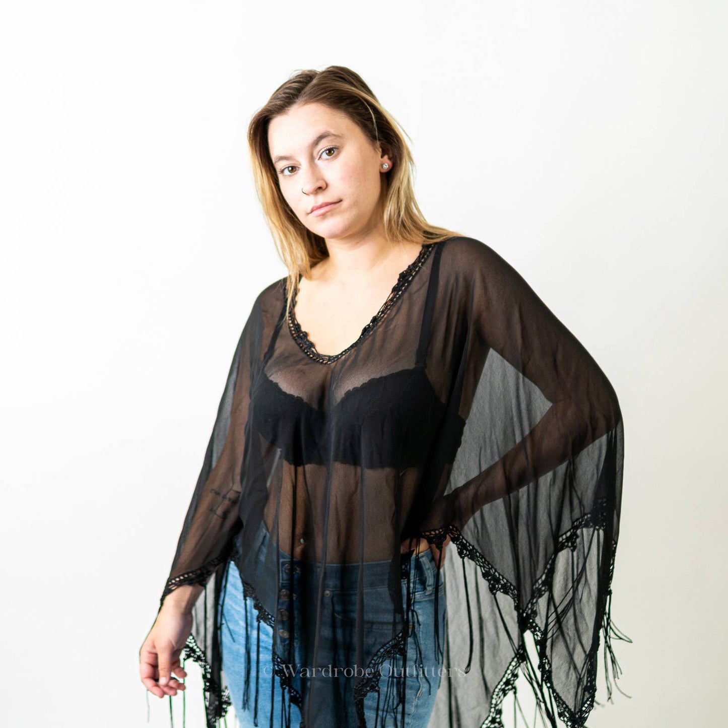 Black Sheer Mesh Flowy Fringe Tassel Poncho Coverup Shaw