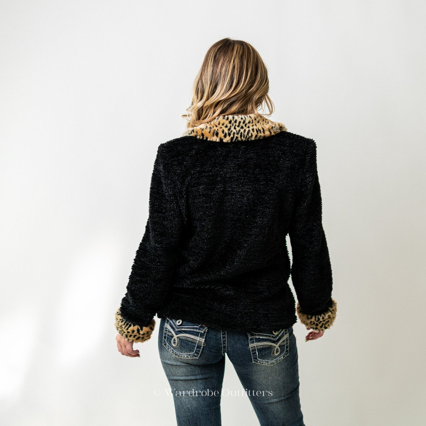 Vintage Y2K 90s Black Chenille Cardigan with Faux Fur Collar and Cuffs