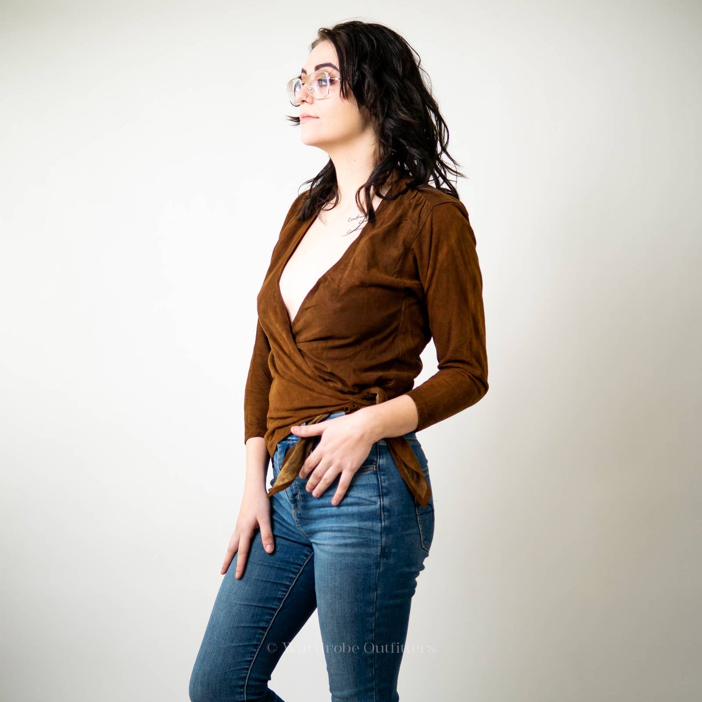Vintage Leather Long Sleeve Wrapped Halter Blouse Top