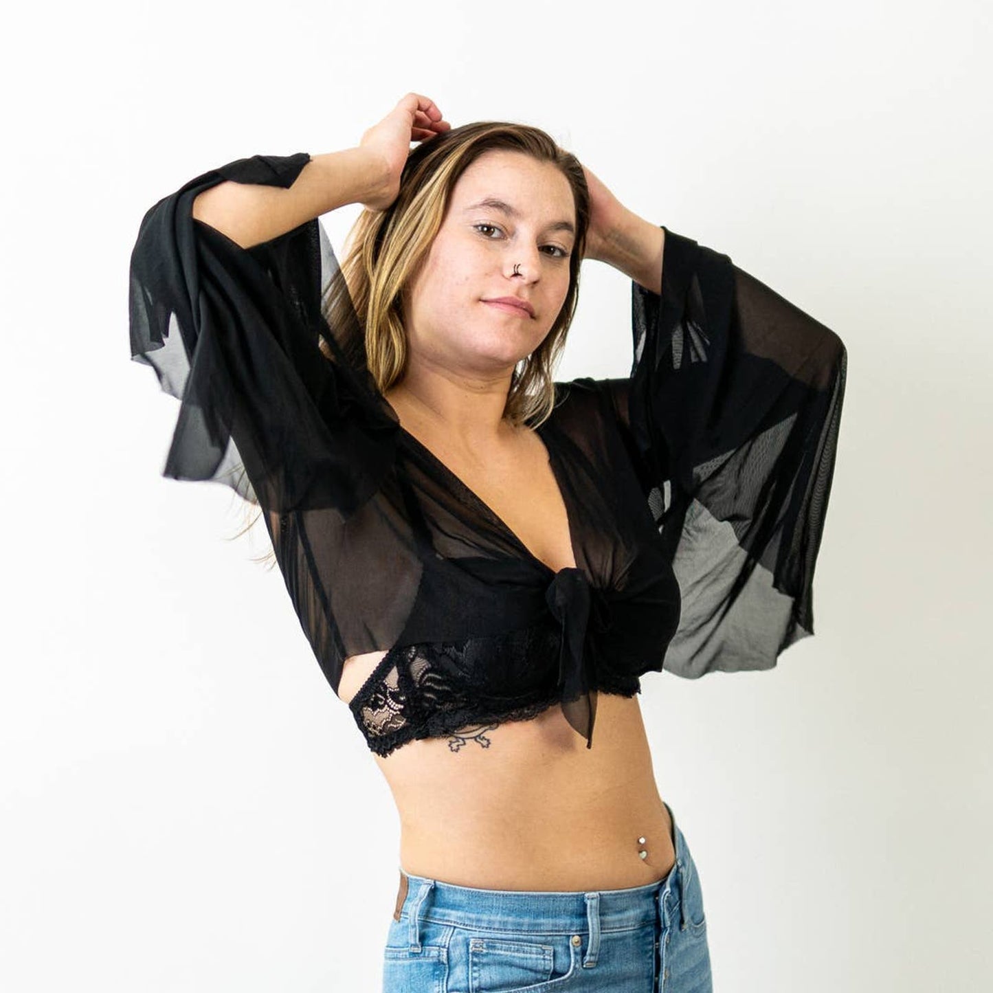 Goth Sheer Black Flounce Sleeve Wrap Top