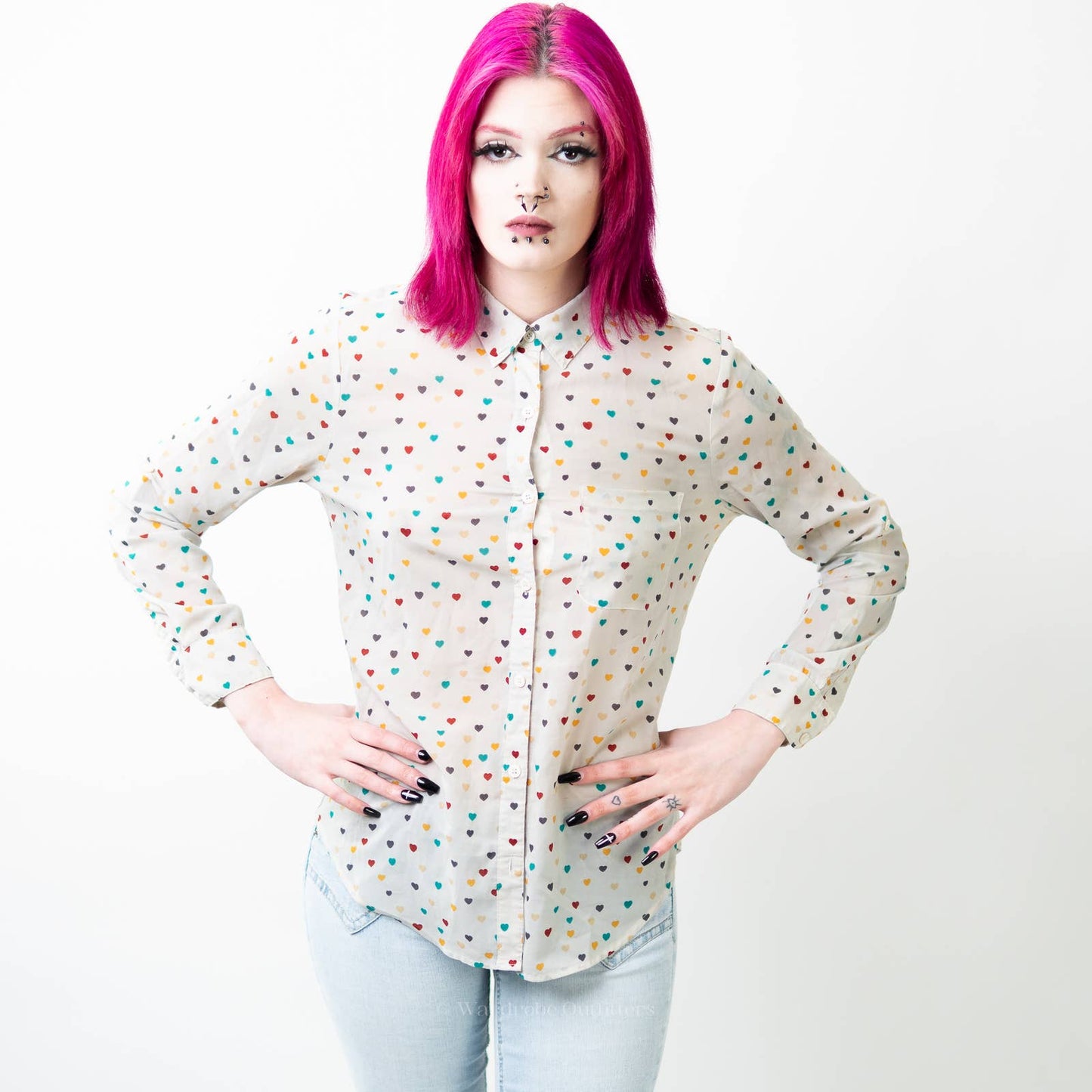 I love h81 x F21 White Sheer Button Down Polkadot Heart Shirt - S