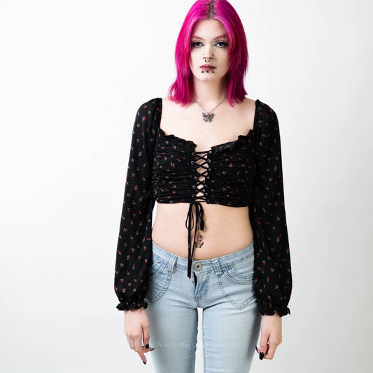 F21 Lace-Up Peasant Long Sleeve Crop Top