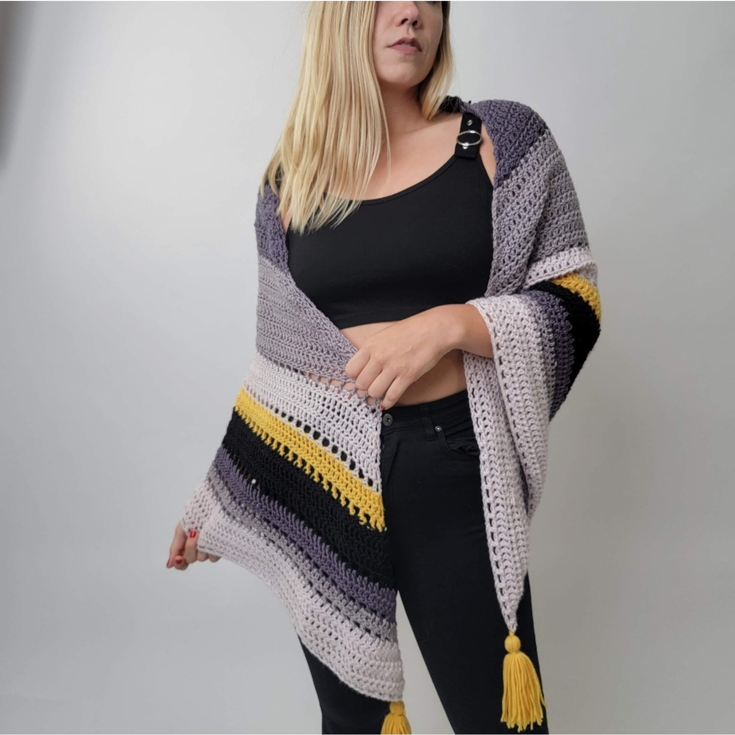 One of a Kind 70's Mod Knit Fringe Poncho Shrug Crochet Afghan Poncho Shaw