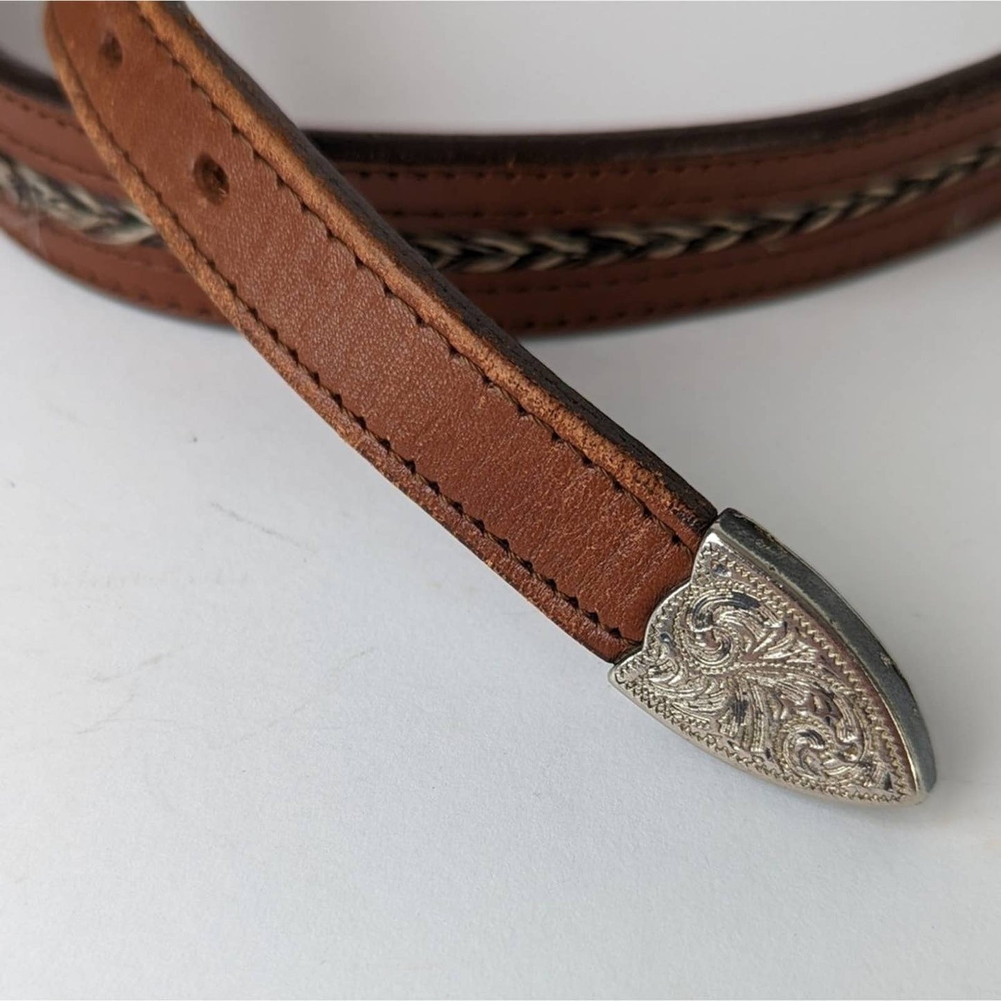 Vintage 80s Leather and Horsehair Western Belt - M