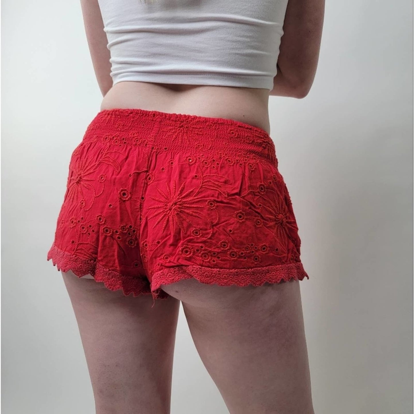 Forever 21 Lace Eyelet Pull On Red Cheeky Shorts - S