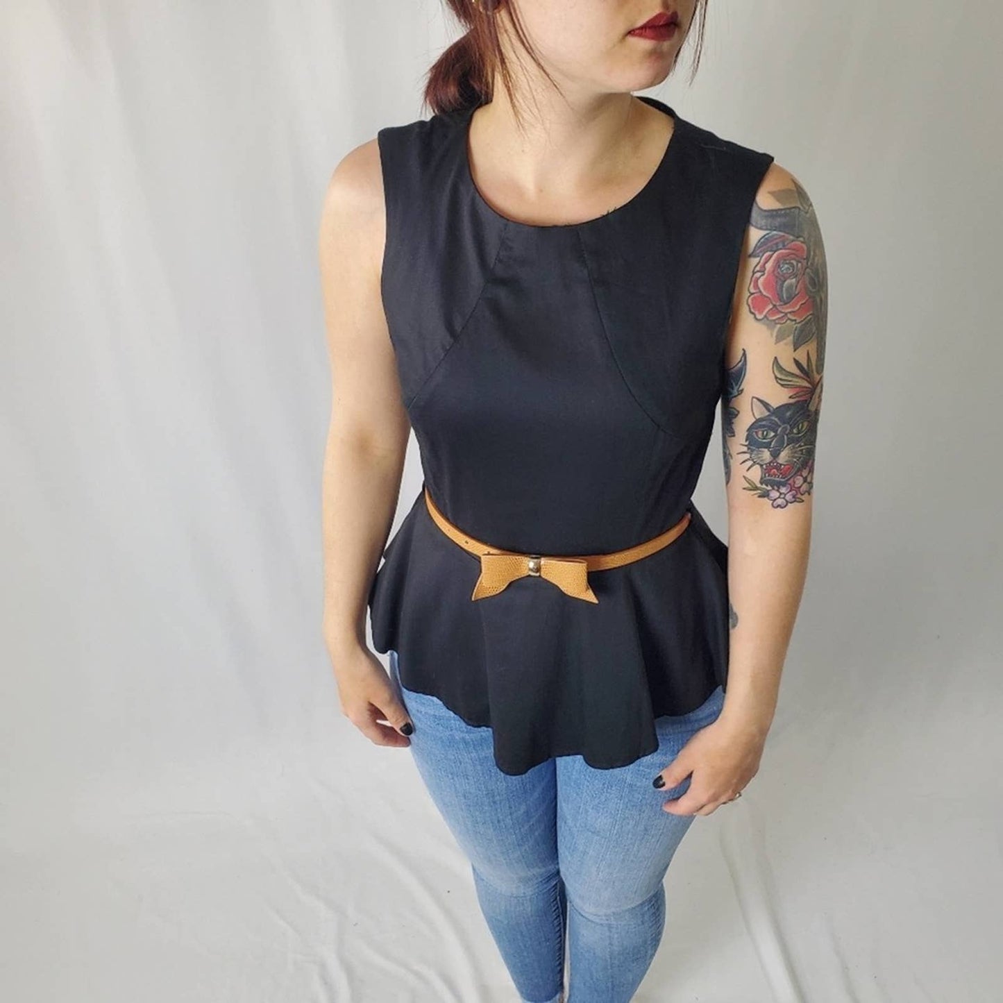 Belted Peplum Cut-out Back Blouse - S