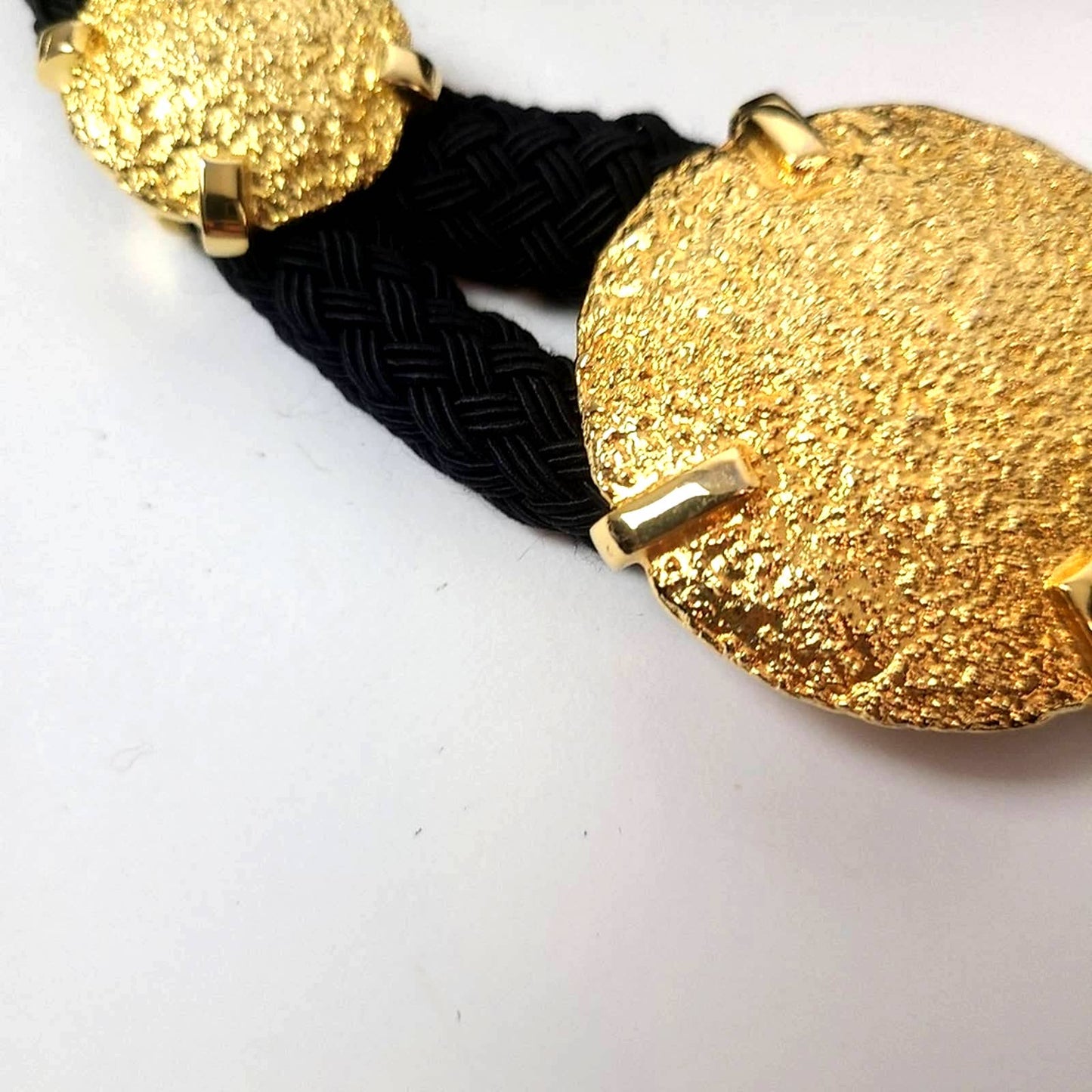 Vintage 70s Carlisle Black Braided Belt with Gold Medallion - S