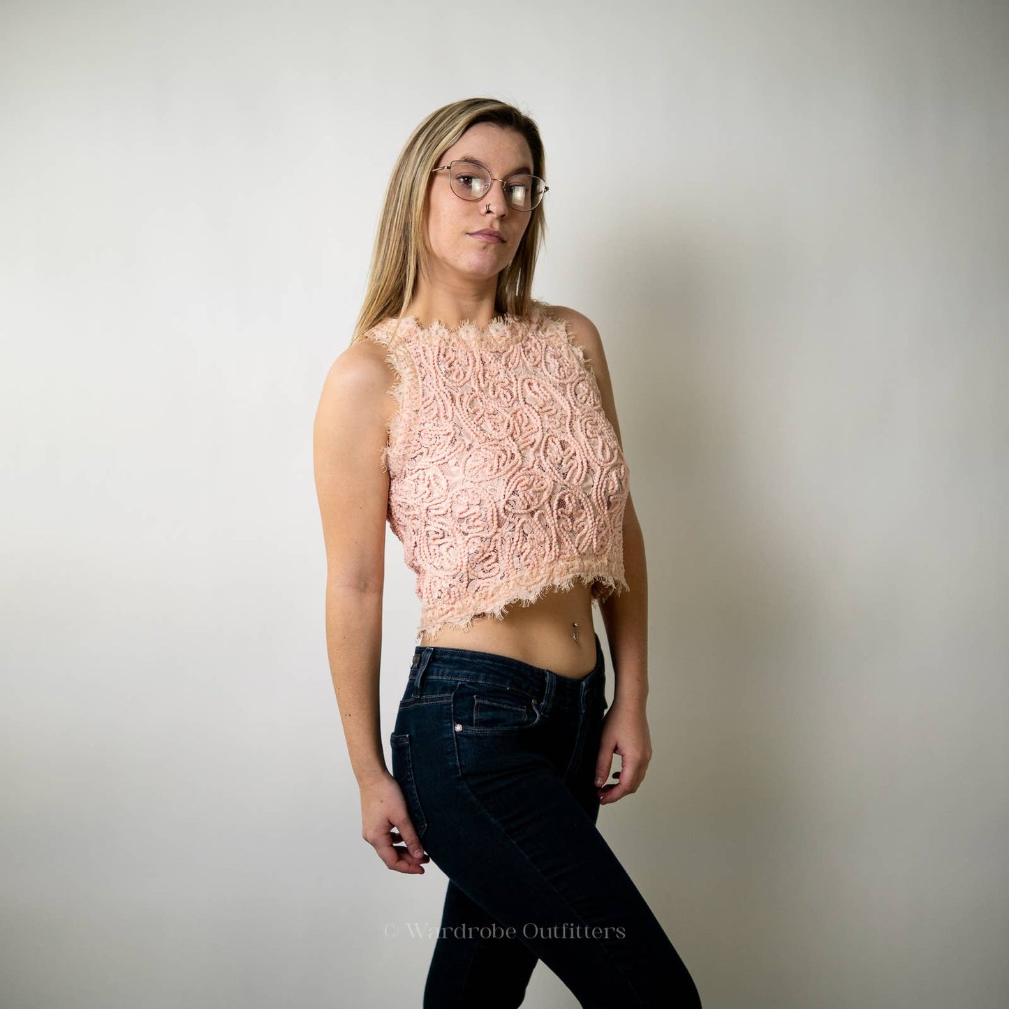 Blush Rose Pink Eyelash Woven Crochet Lace Cropped Tank Top - M