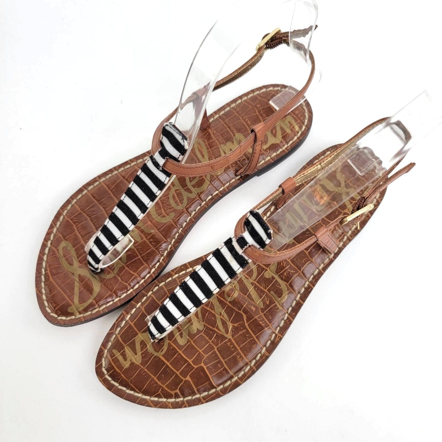Sam Edelman Gigi T-Strap Black and White Stripe Leather Flip Flop Sandals - 7