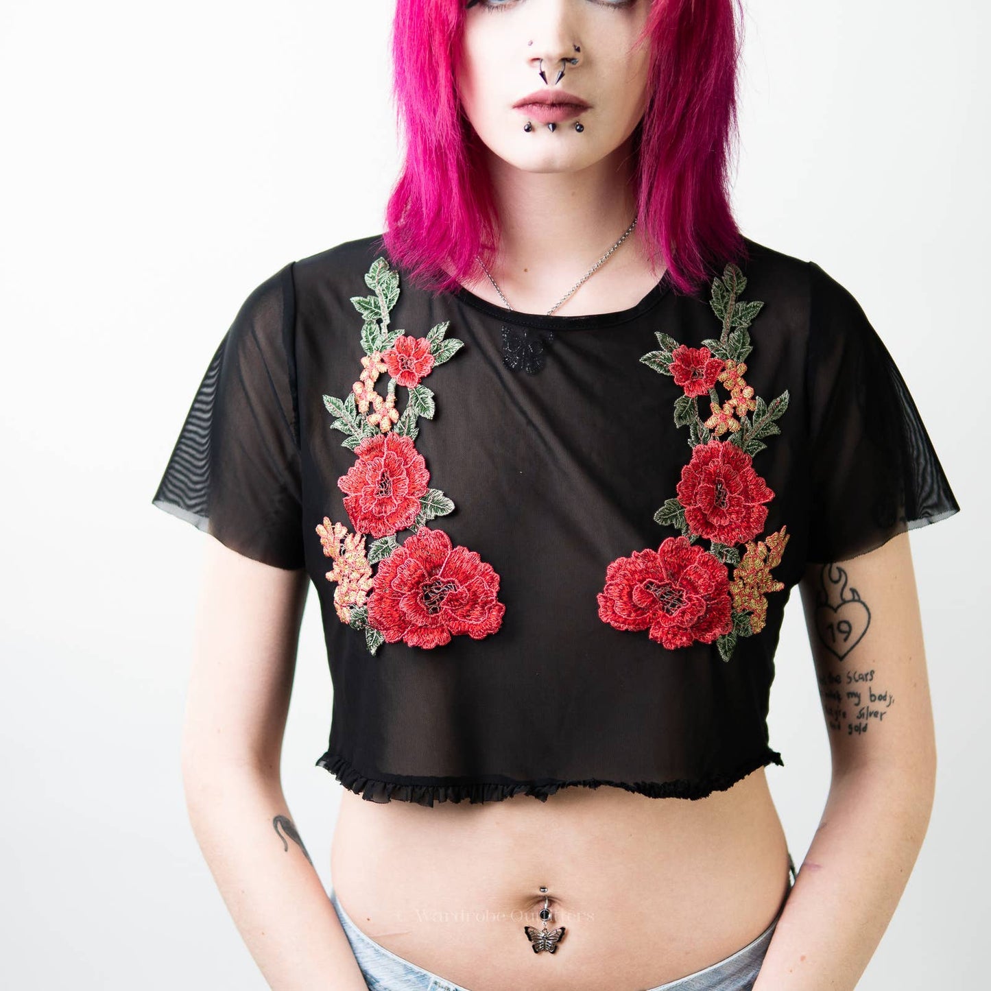 Embroidered Stitched Floral Rose See Through Sheer Mesh Rave Crop Top