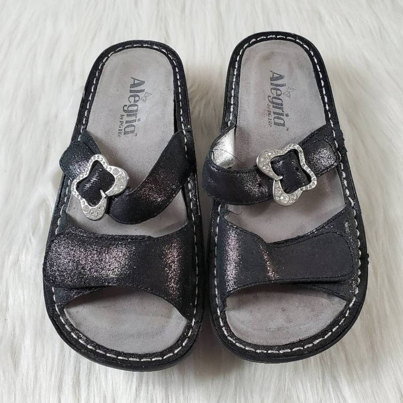 Alegria Mariposa Black Sparkle Rhinestone Butterfly Platform Sandals