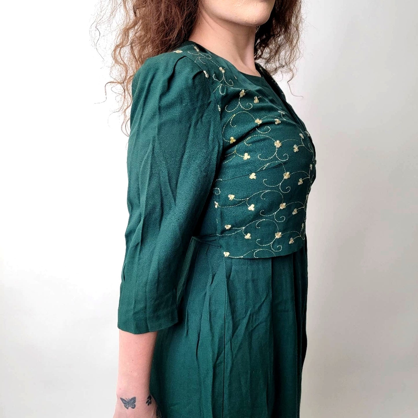 Vintage German Cottagecore Embroidered Emerald Plaid Dress