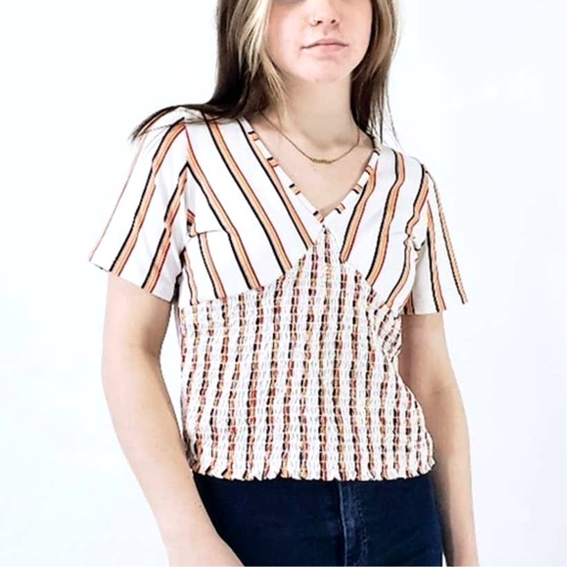 marci Rainbow Striped Cinched Stretchy Tee Top Blouse - M