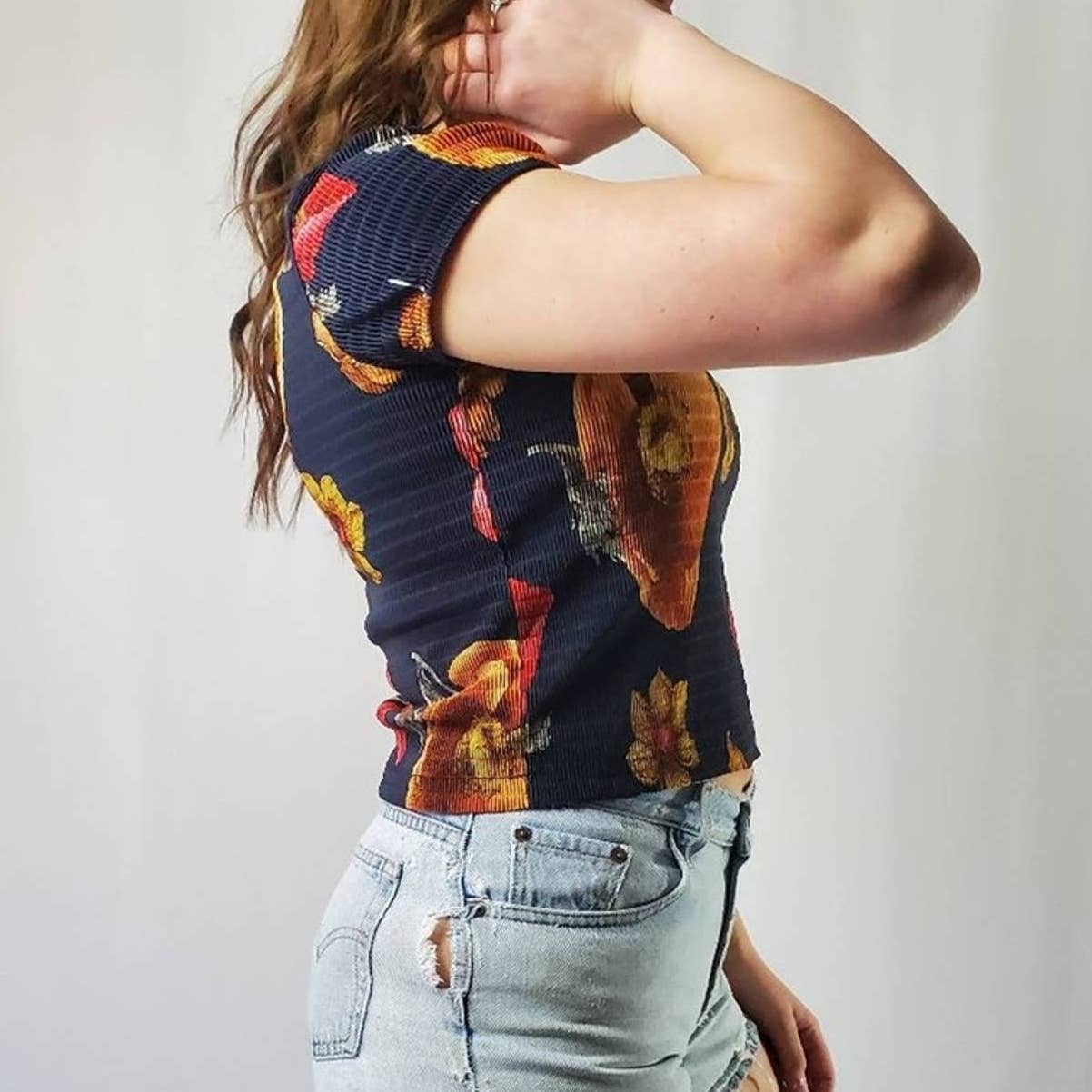 Vintage 90's Smocked Ribbed Floral Crop Top - L