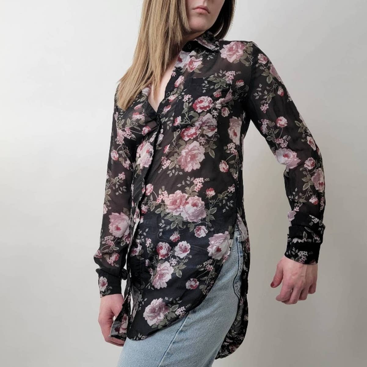 Pastel Black & Pink Floral Mesh Tie Front Coverup Blouse - S
