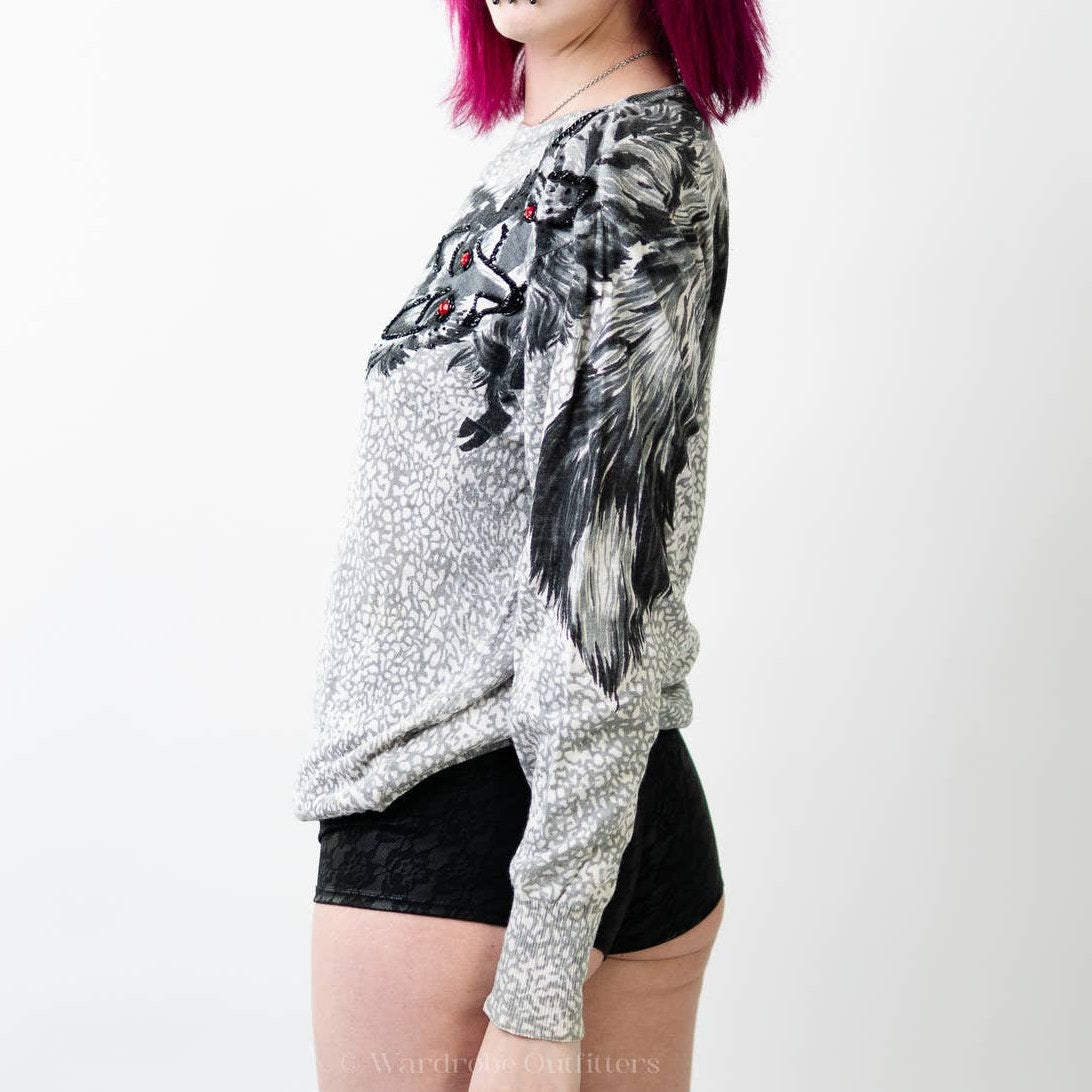 Vintage 80s Oleg Cassini Embellished Jeweled Fox Print Sweater