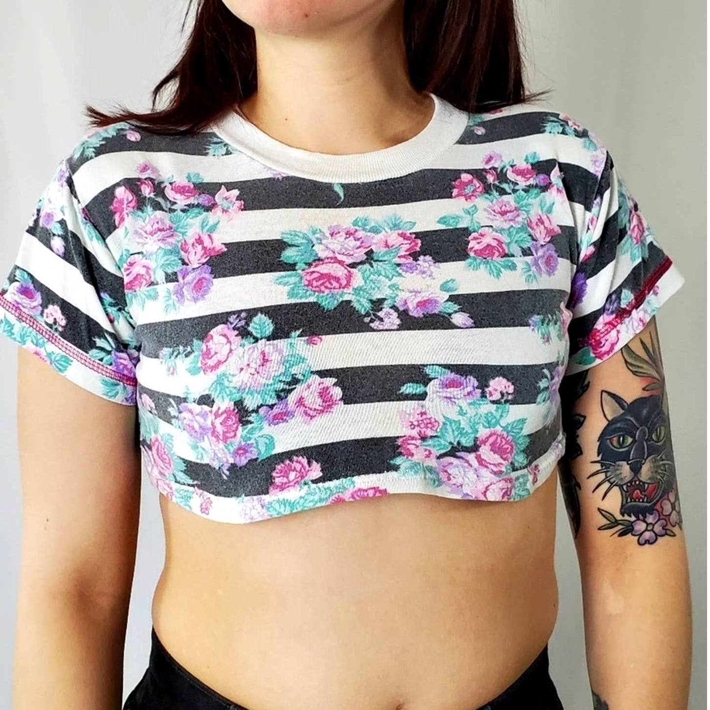 Custom Rare Vtg 80's Baby Mini Cropped Striped Floral Tee