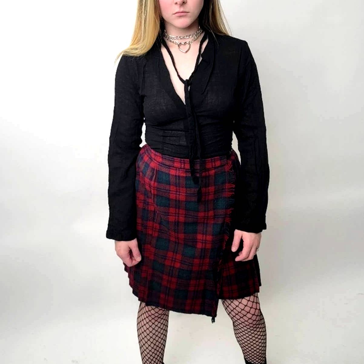 Vintage 90s Goth Grunge Plaid Pleated Midi Skirt