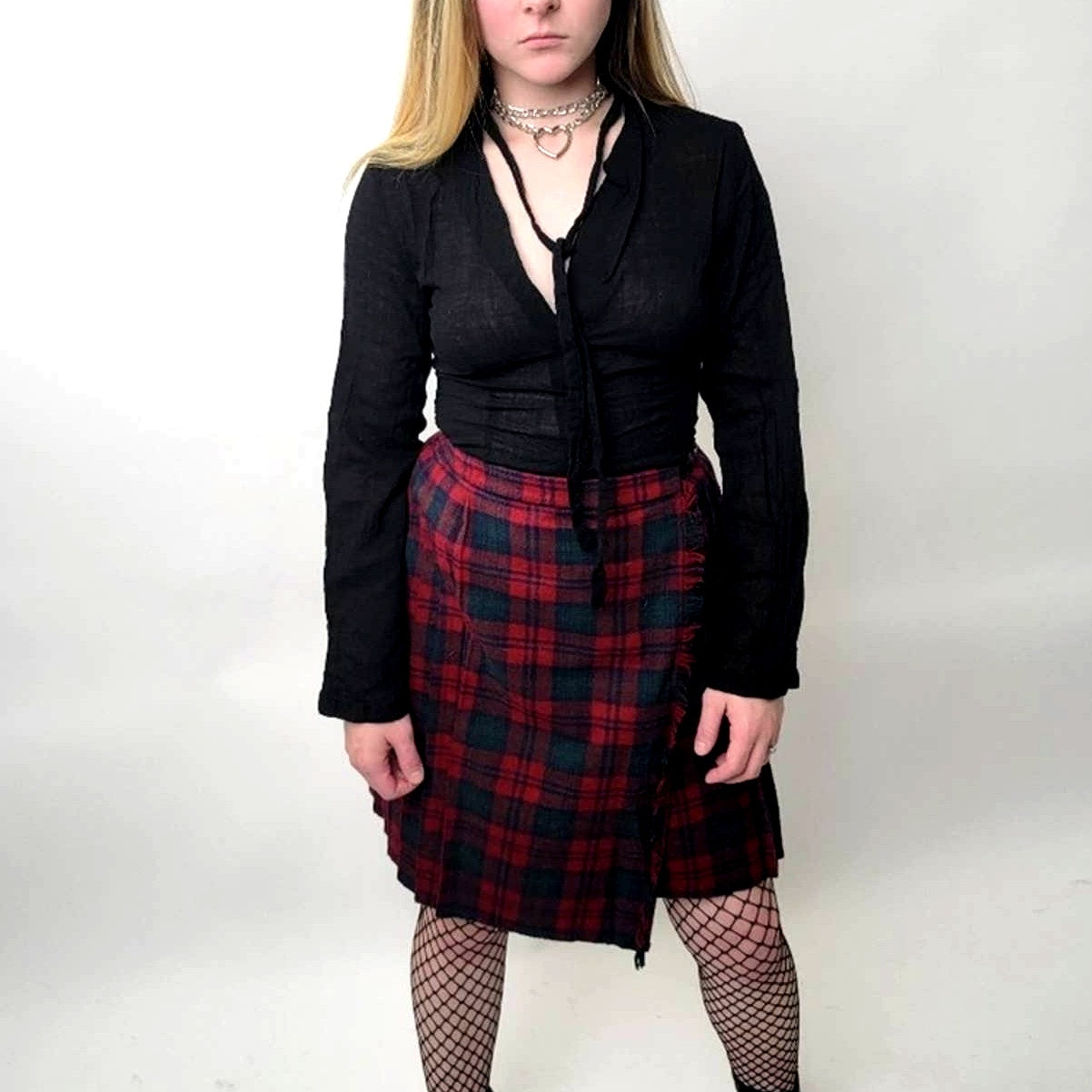 Vintage 90s Goth Grunge Plaid Pleated Midi Skirt