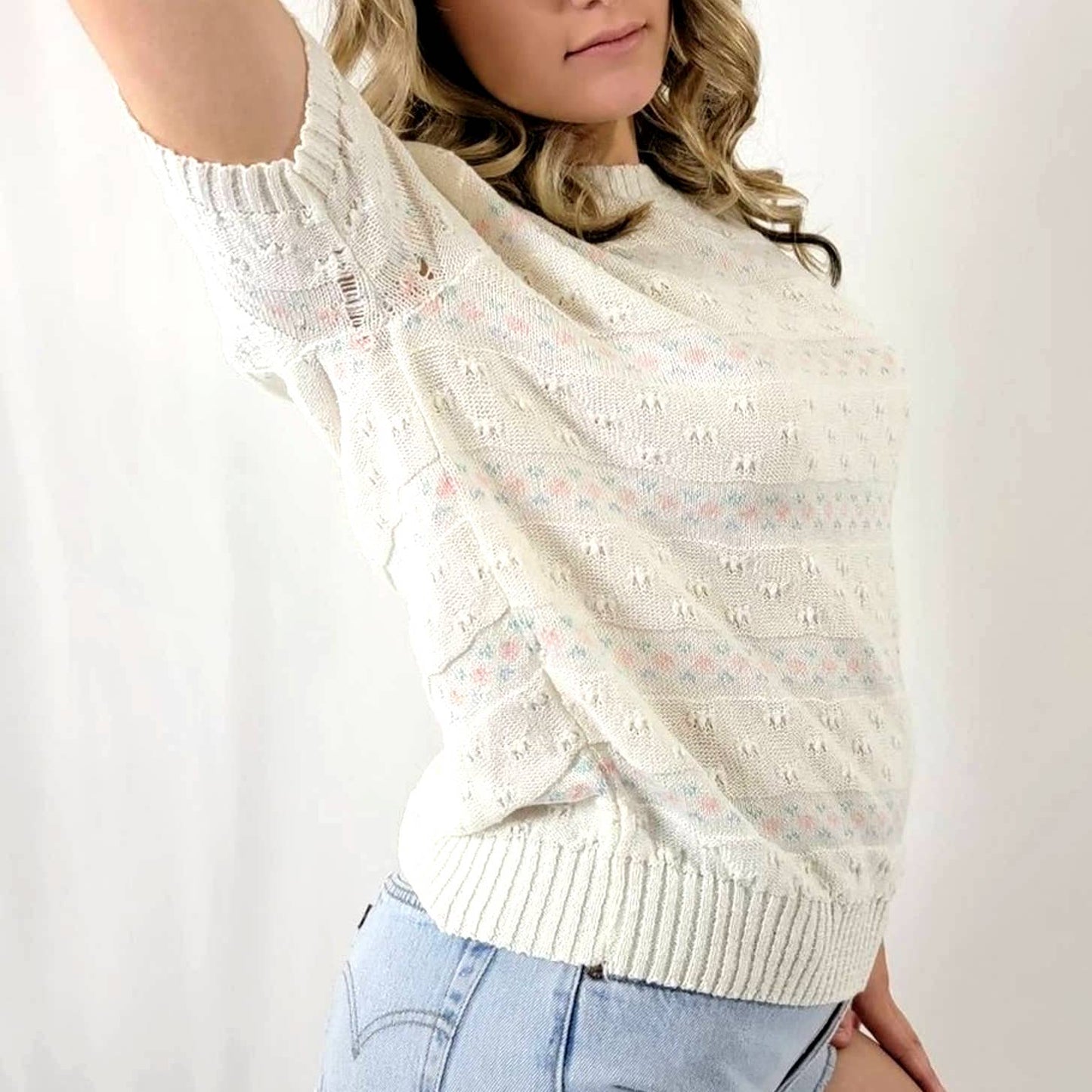 Vintage 90's Floral Half Sleeve Sweater - M