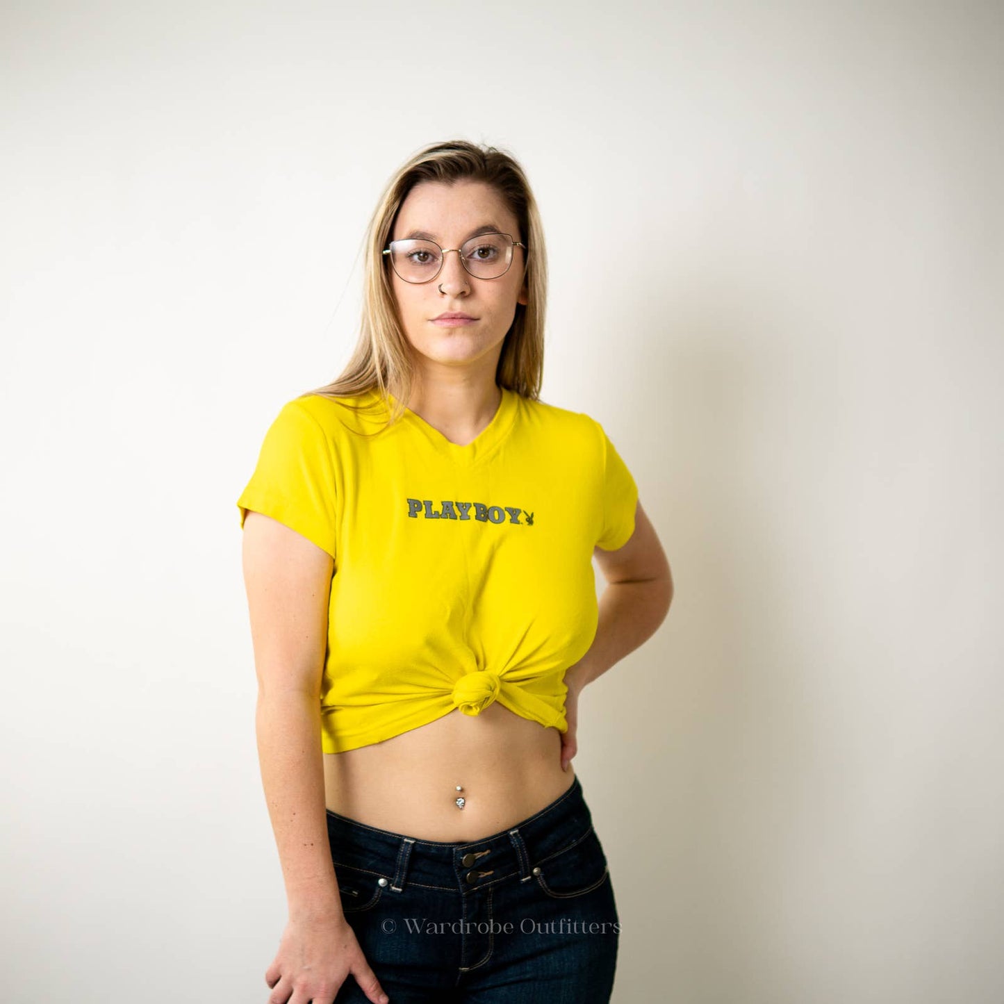 Y2K Playboy Bright Yellow Crop Top Tee Shirt - M