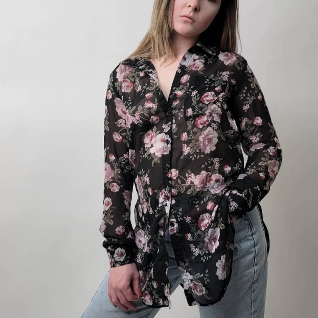 Pastel Black & Pink Floral Mesh Tie Front Coverup Blouse - S