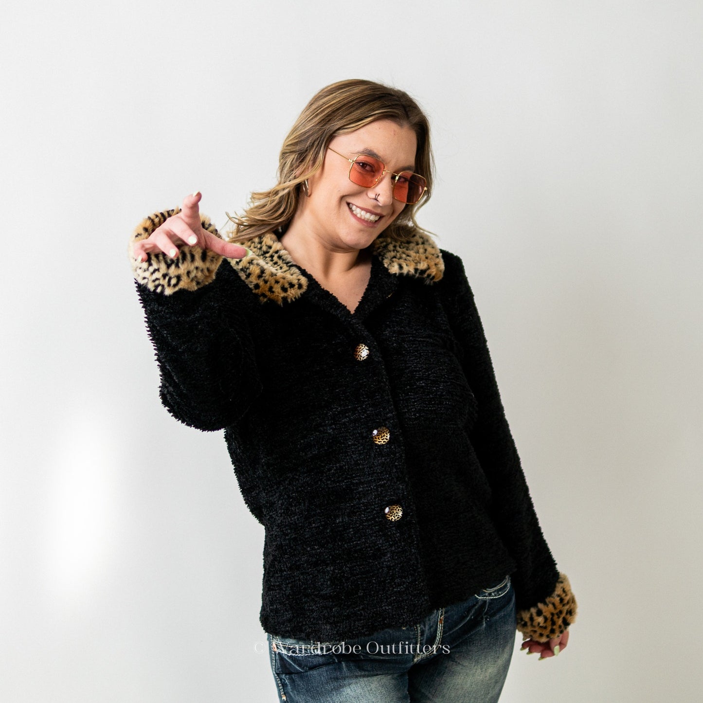 Vintage Y2K 90s Black Chenille Cardigan with Faux Fur Collar and Cuffs