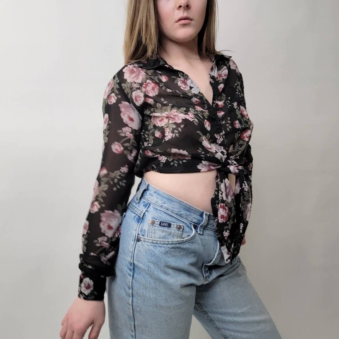 Pastel Black & Pink Floral Mesh Tie Front Coverup Blouse - S