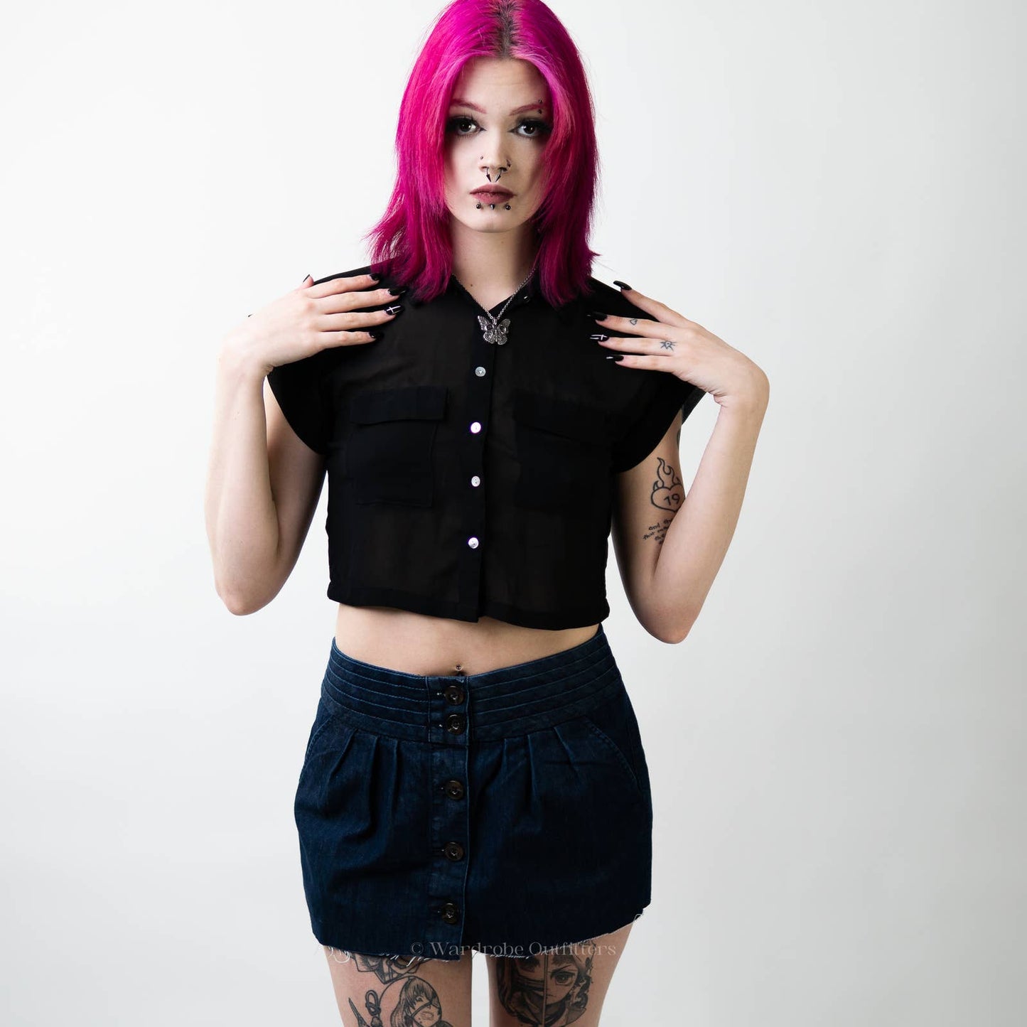 Black Cropped Sheer Short Sleeve Button Down - S