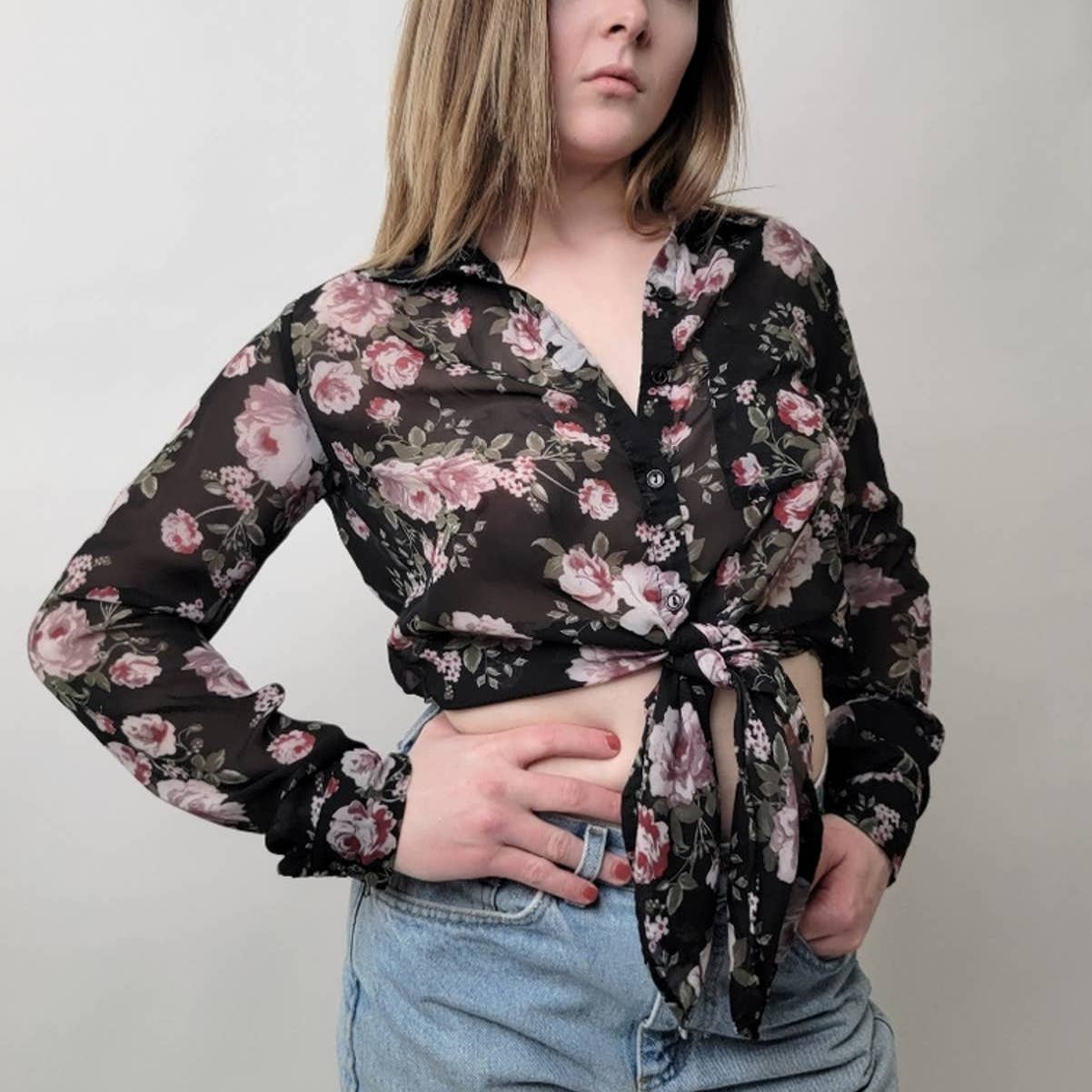 Pastel Black & Pink Floral Mesh Tie Front Coverup Blouse - S
