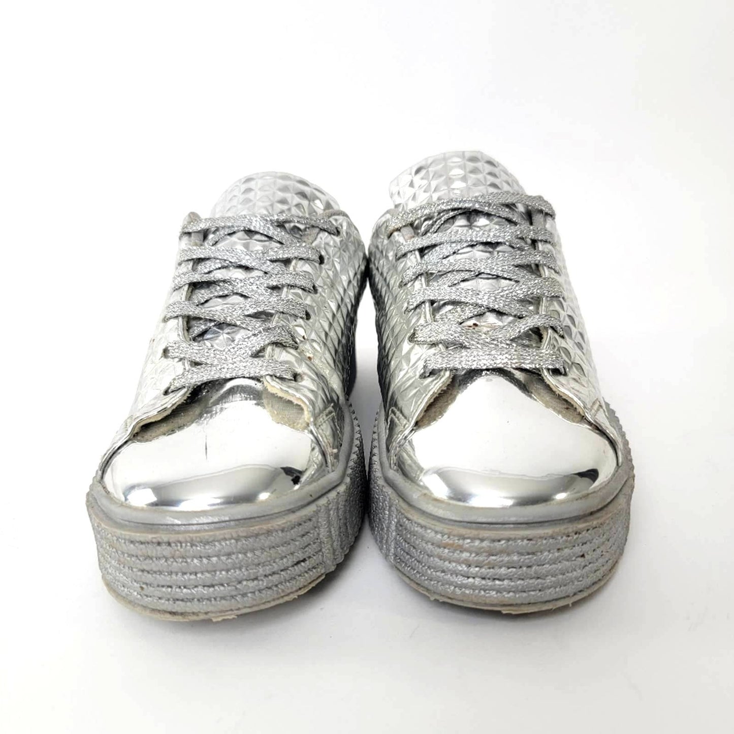 Chrome Lace Up Platform Silver Sneakers - 9