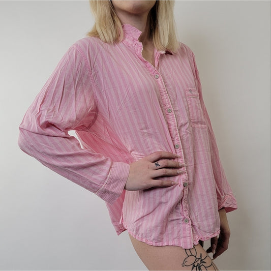 Victoria's Secret Pink Pajama Striped Button Down Sleep Shirt - L