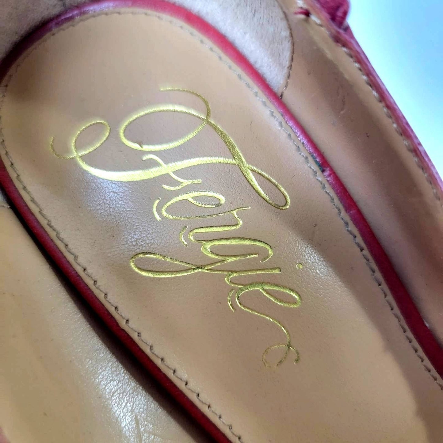 Fergie Podium Red Stiletto Pump Heels with Gold Cap Toe - 8