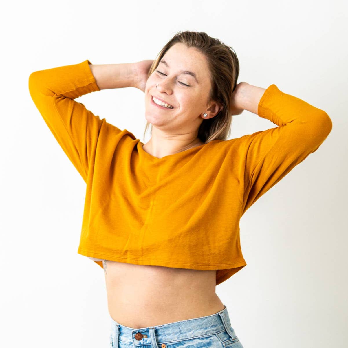 F21 x Tresics Long Sleeve Mustard Yellow Crop Top Tee - S