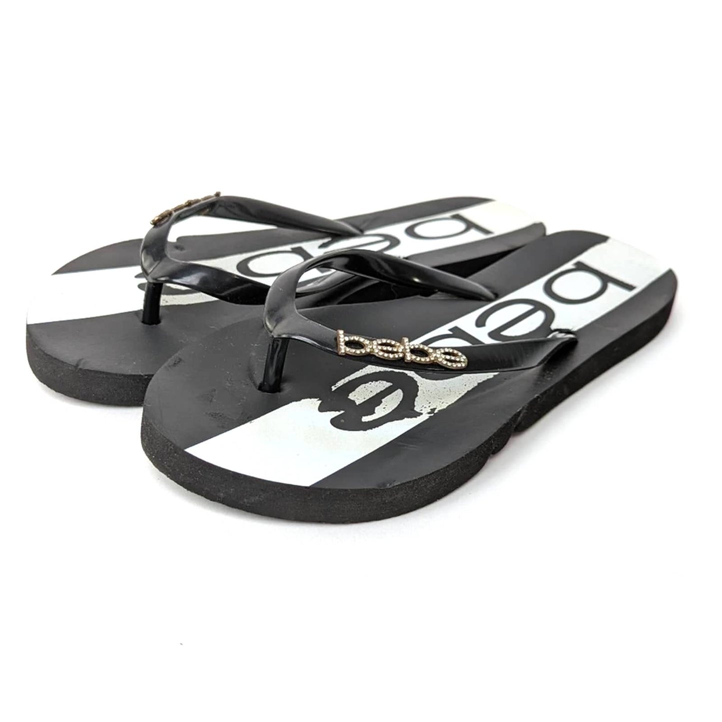 bebe Black & White Rhinestone Flip Flop Sandal Slides