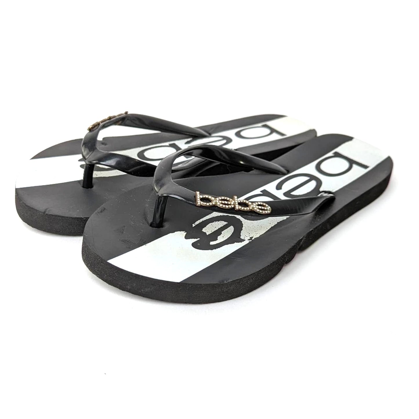 bebe Black & White Rhinestone Flip Flop Sandal Slides