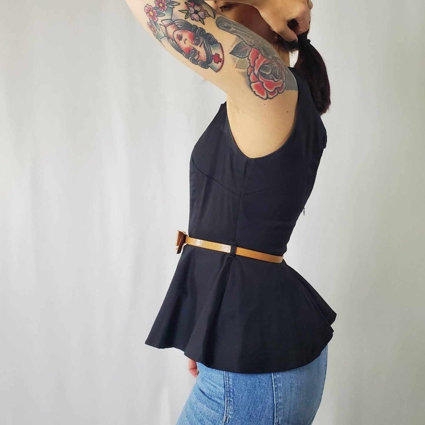 Belted Peplum Cut-out Back Blouse - S