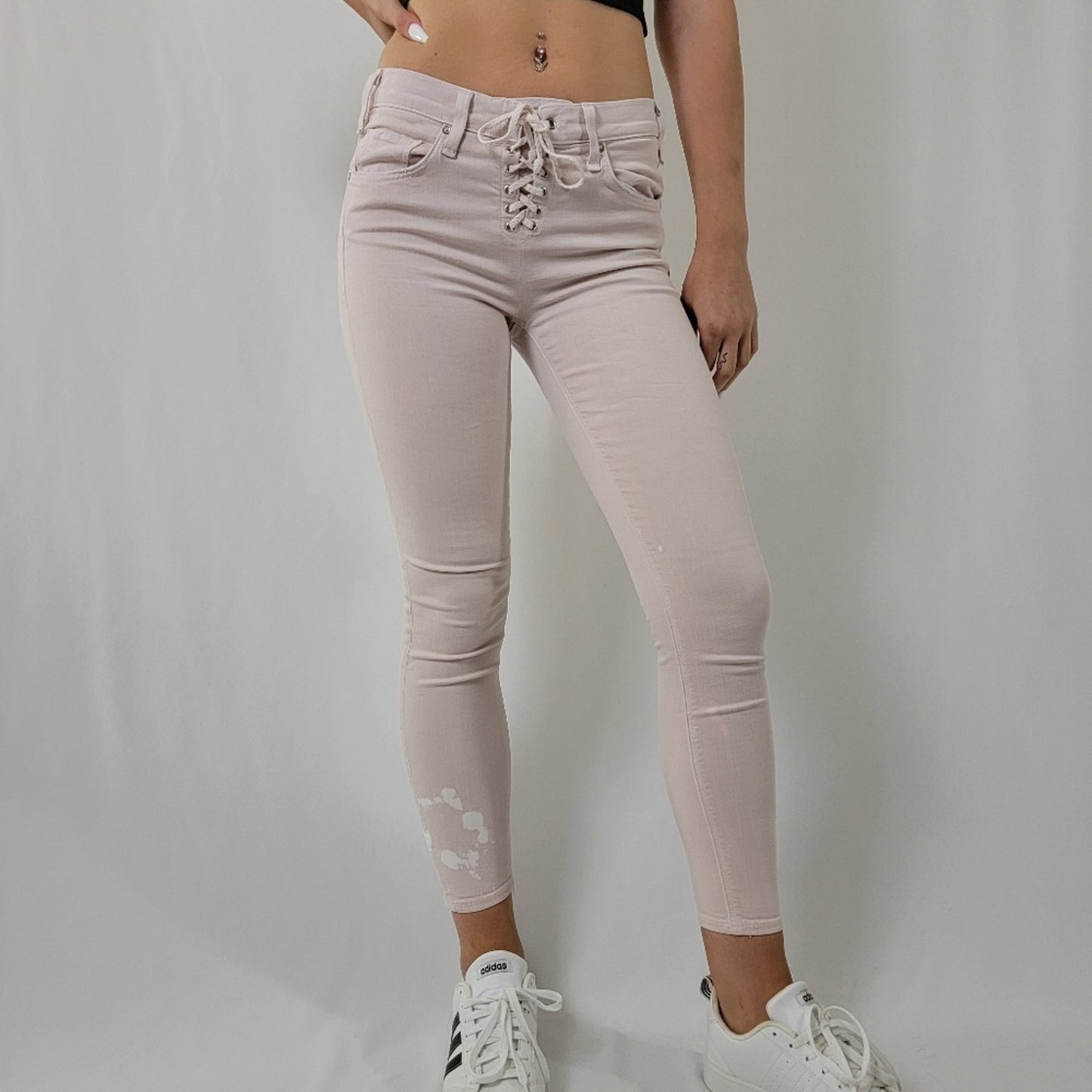 Anthropologie x McGuire Isabeli Lace Up Pastel Pink Paint Splat Skinny Jeans - 27