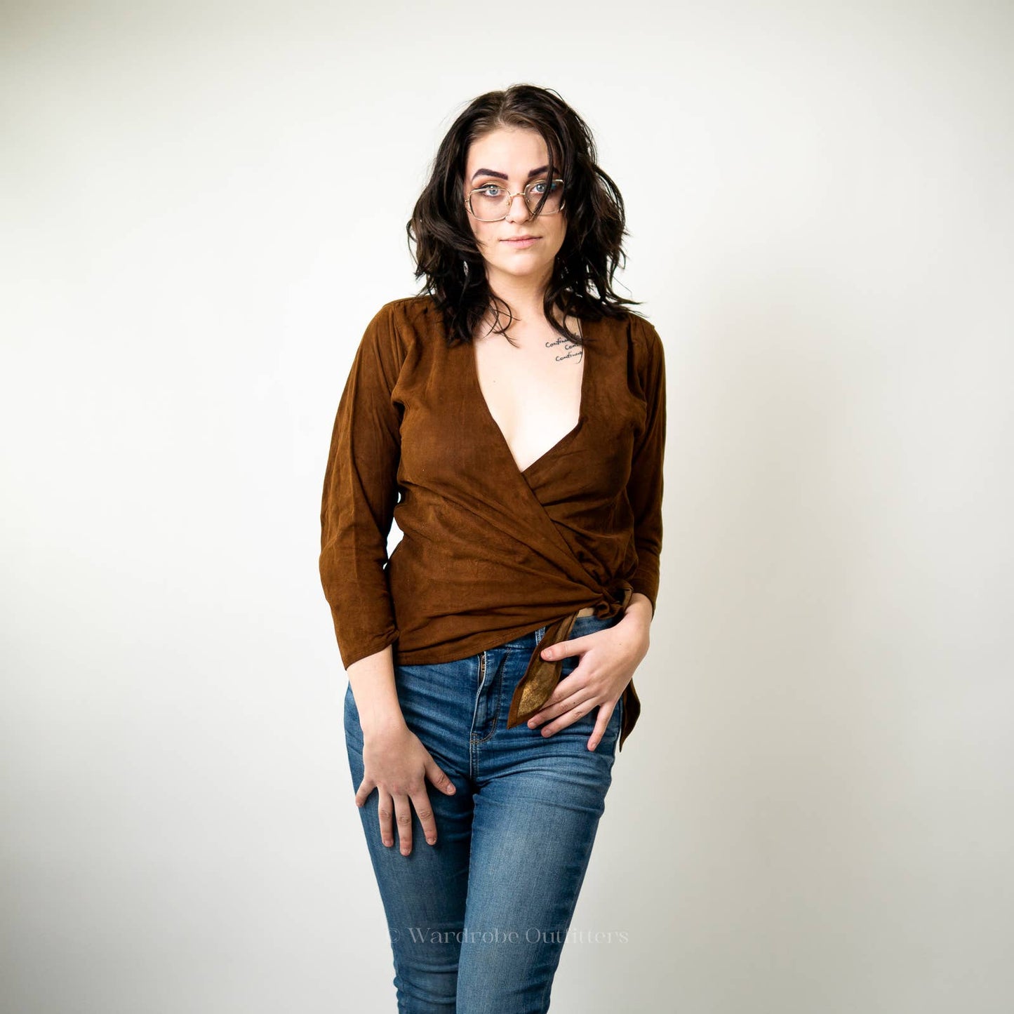 Vintage Leather Long Sleeve Wrapped Halter Blouse Top
