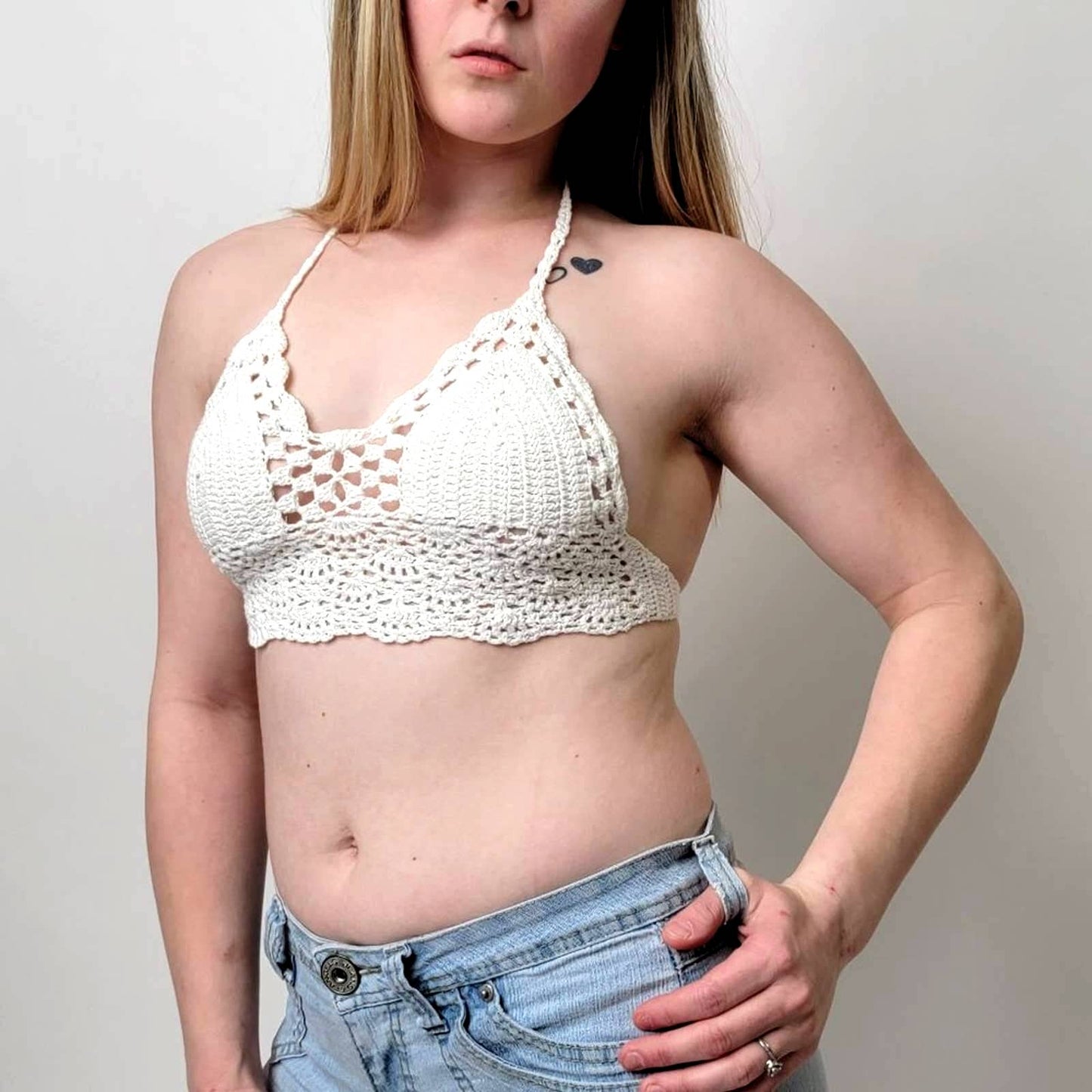 Cream White Crochet Lace Triangle Bralette Halter Top