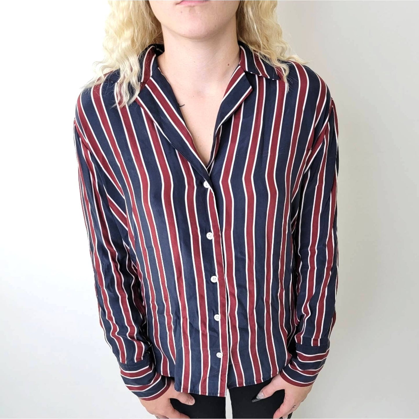Frame Silk Striped Button Down Long Sleeve Shirt - S